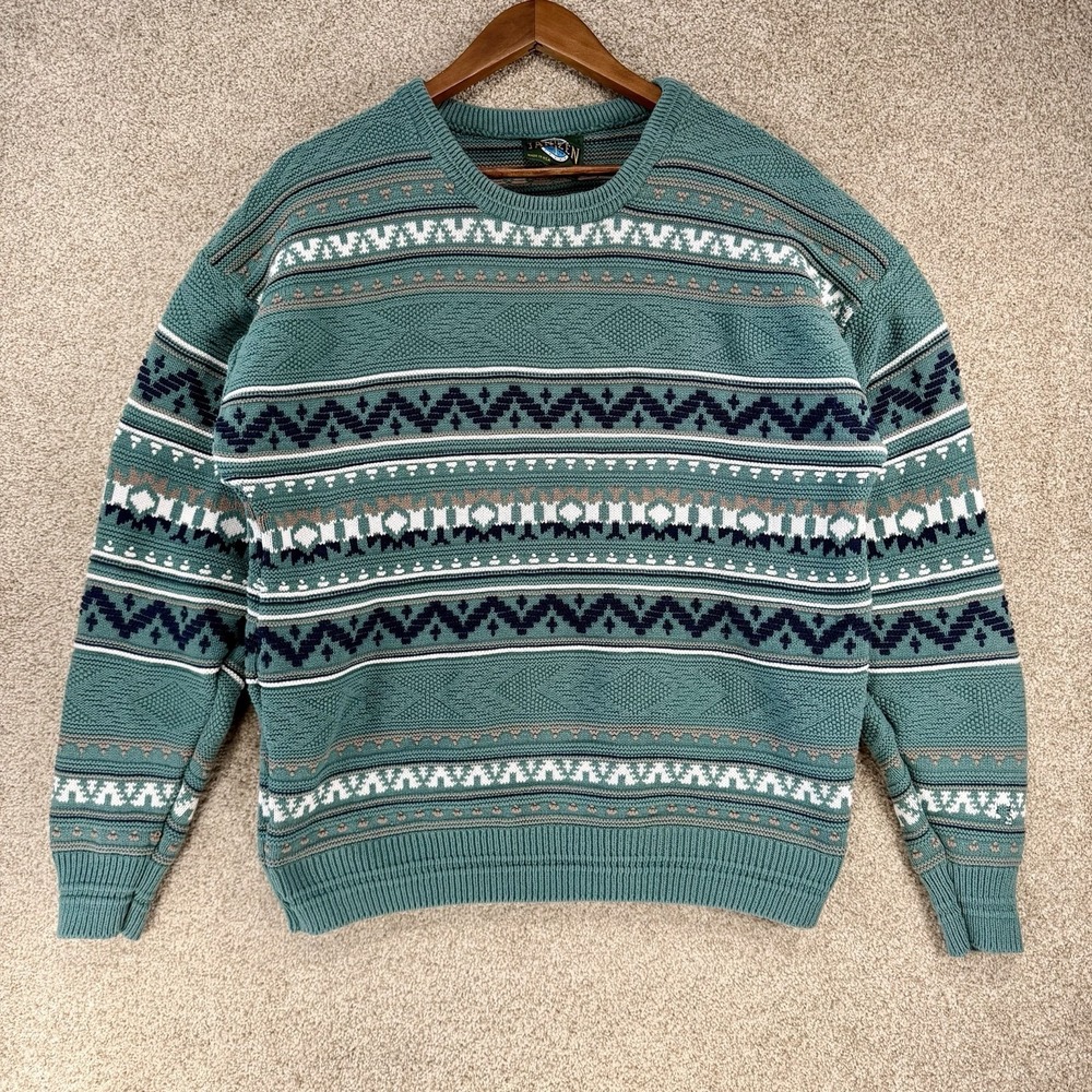 VTG Jantzen Men's Sweater L Cotton Chunky Knit 90s Grandpa Green Blue USA Retro